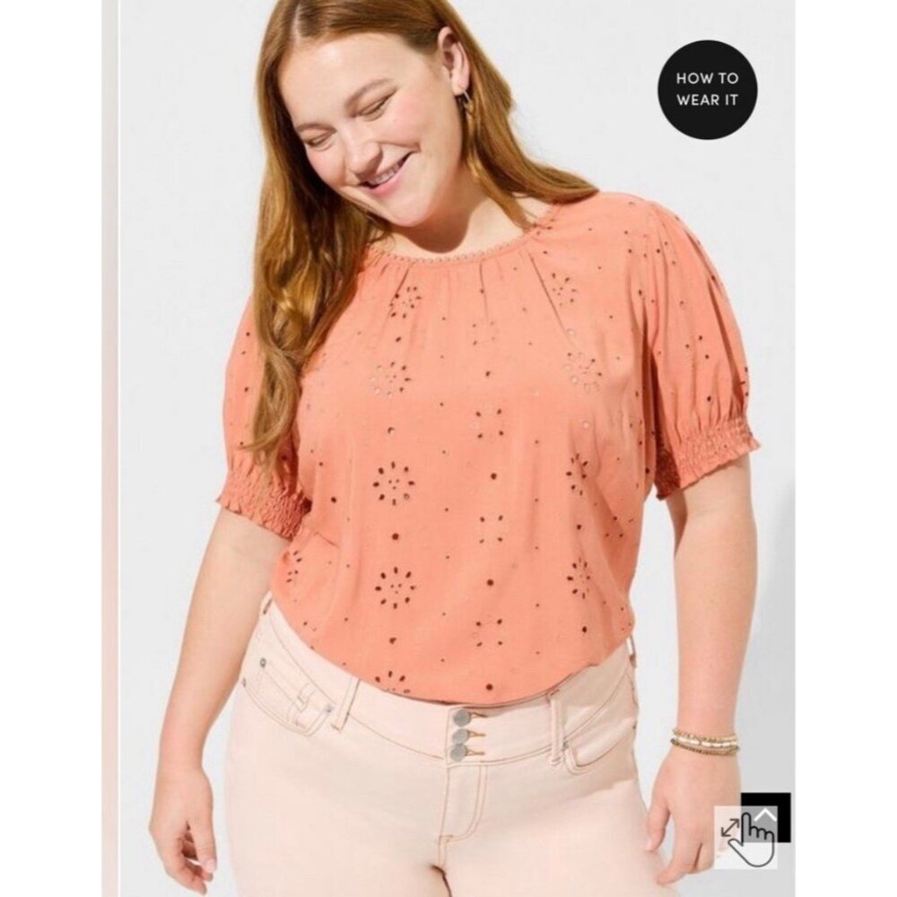 Torrid Eyelet Open Back Blouse‎ Women 1X Pink Preppy Feminine Spring Whimsy